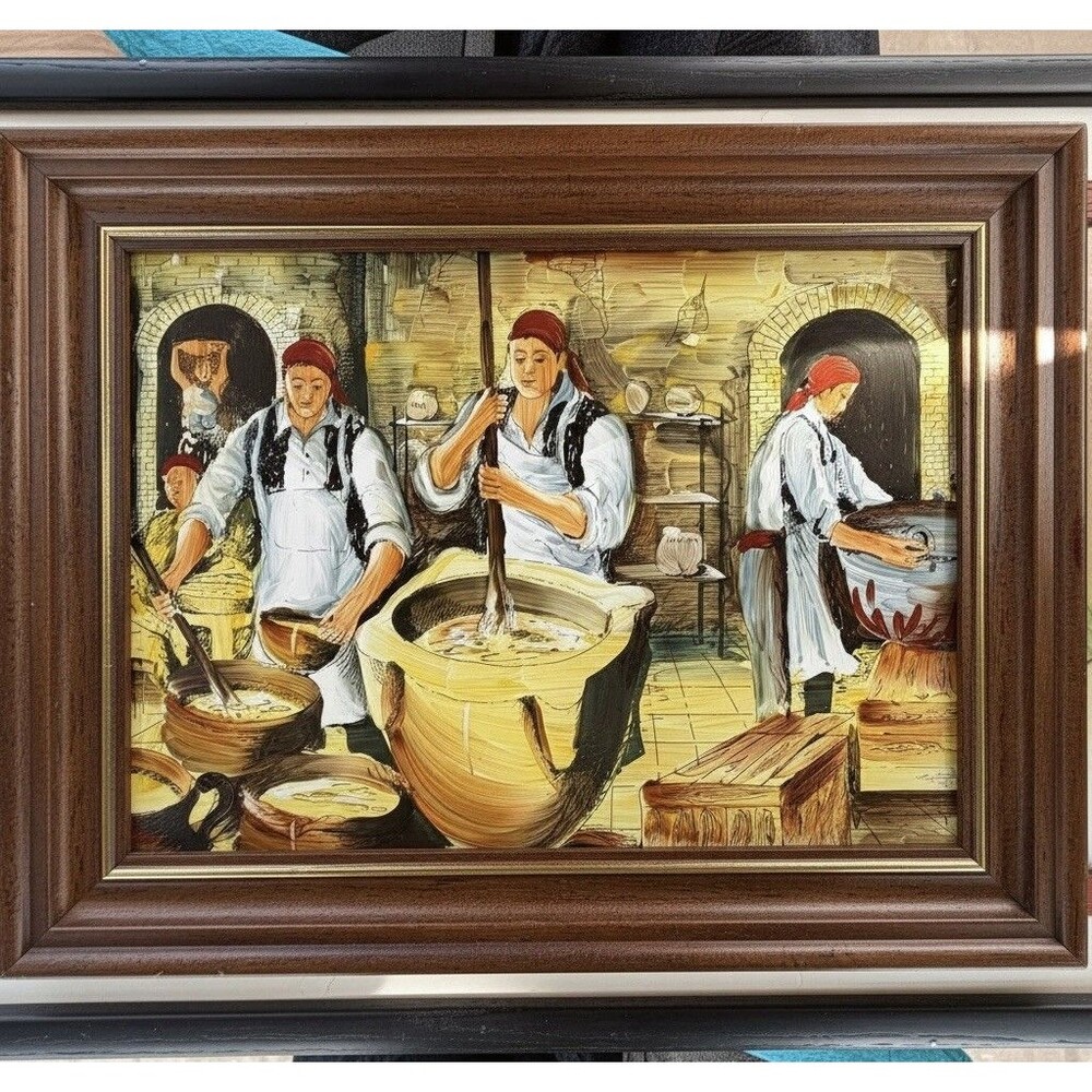 Vintage Folk Art Kitchen Cooking Scene Framed Wall Art Rustic Decor - Picture 10 of 10